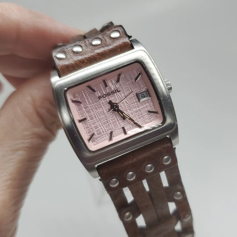 Fossil Watch JR8843 Pink Face Brown Woven Leather Band NWOT
